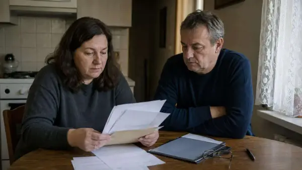 Para analizująca dokumenty, być może dotyczące odrzucenia spadku a opróżnienia mieszkania.