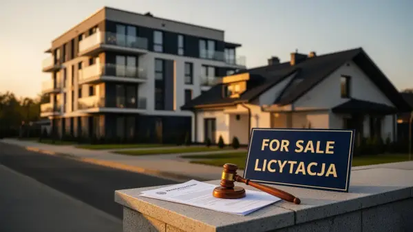 Młotek sędziowski i dokumenty na tle nowoczesnych budynków. Tabliczka "FOR SALE LICYTACJA" zapowiada **egzekucję z nieruchomości**.
